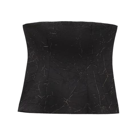 Top A Tubo Nero Sexy Da Donna Plissettato Effetto Crepato Metallico Texturizzato Slim Fit Senza Spalline Moderno