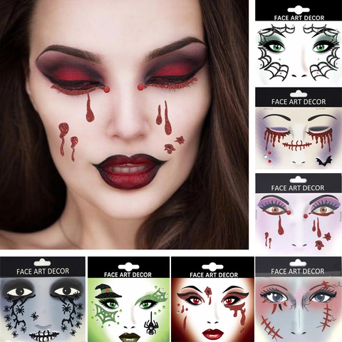 Halloween Face Art Decor Stickers Glitter Rhinestone Blood Tears Spider Web Party Cosplay Makeup Novelty