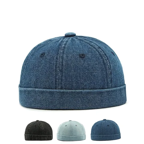 Vintage Denim Docker Hat Brimless Cap Adjustable Cotton Rolled Cuff Retro Streetwear For Men Women