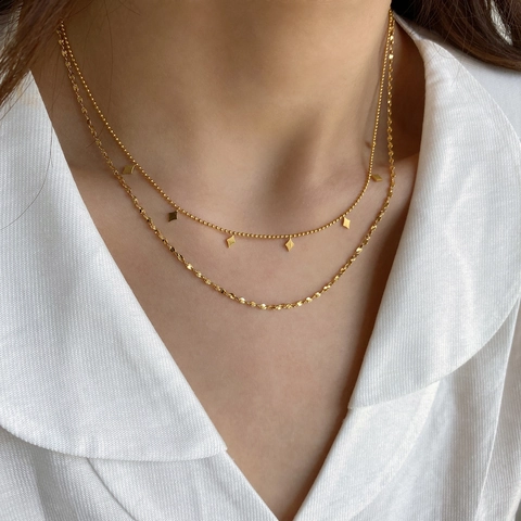 Minimalist Double Layer Necklace 18K Gold Plated Stainless Steel Rhombus Sequin Pendants Ball Chain Jewelry For Women