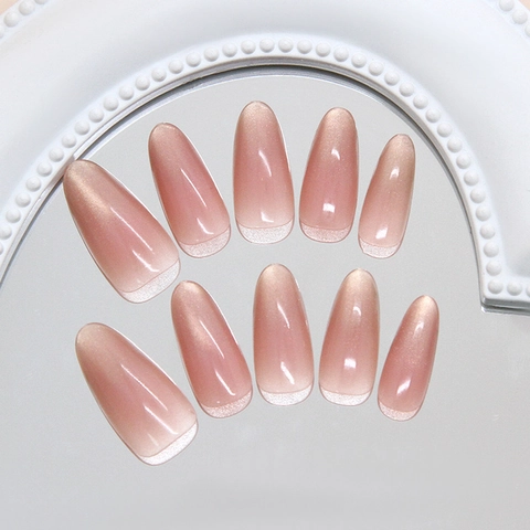 Unghie Finte Handmade Press On Nails Effetto Occhio Di Gatto Sfumato Blush French Tip Forma Mandorla Riutilizzabili Plastica ABS