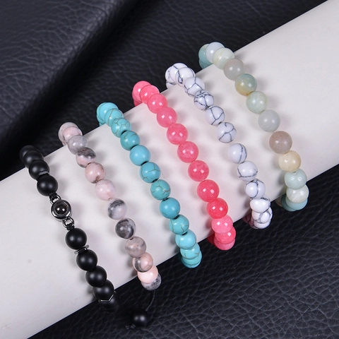 Set Di Bracciali Di Perline Pietra Naturale Proiezione Ti Amo 100 Lingue Regolabile Regalo Per Coppie