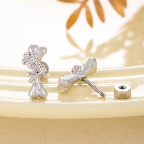 Bone Stud Earrings With Zircon Flower Bowknot Titanium Steel Flat Back Screw Cartilage Piercing Jewelry For Women