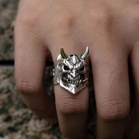 Hannya Masker Ring Demon Geest Hoofd Antiek Zilver Goud Tweekleurig Hoorns Zinklegering Verstelbare Open Ring Punk Gothic Sieraden