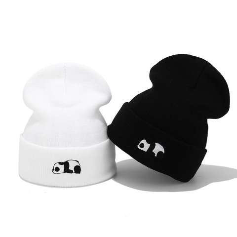 Cute Panda Embroidered Knitted Beanie Winter Warm Soft Ribbed Beanie Hat For Women Men Outdoor Skiing Cuff Cap Unisex Headwear