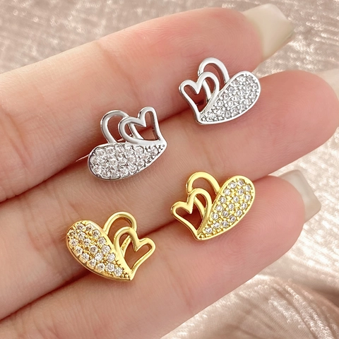 Elegant Copper Zirconia Double Heart Stud Earrings For Women Lightweight Luxury Romantic Jewelry Accessory Daily Wear