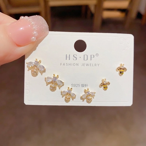 Bee Stud Earrings With 925 Sterling Silver Earring Post Zircon Enamel Animal Dainty Fashion Jewelry For Women