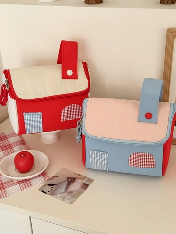 Huisvormige Make-uptas Gewatteerd Nylon Grote Capaciteit Draagbare Reis Toiletartikelen Organizer Schattige Cosmetische Koffer