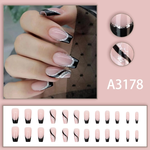 Long Coffin Press On Nails Black French Tip Silver Glitter Wavy Lines Elegant Minimalist False Fingernails For Women