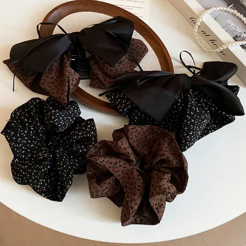 Übergroße Stoff Haargummis Und Große Bogenspangen Leopard Punktmuster Satin Vintage Elegante Koreanische Stil Accessoires Für Frauen