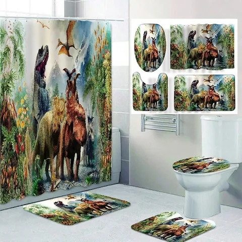 Dinosaur Shower Curtain And Waterproof Bathroom Rugs With Toilet Lid Cover Non-Slip Mat Jurassic Jungle Print
