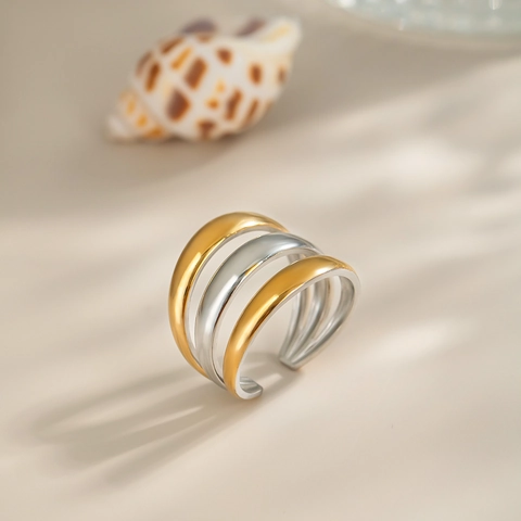 Minimalistische Meerlaagse Ring Van Goud En Zilverkleurig Roestvrij Staal Verstelbaar Geometrisch Chic Waterdicht Modern Sieraden