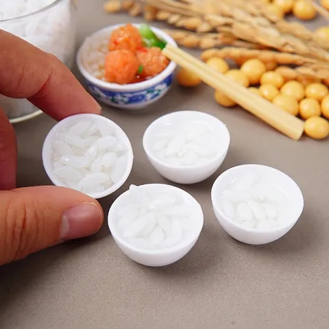 Miniature White Rice Bowl Food Play Simulation PVC Realistic Dollhouse Accessory Keychain Pendant Bag Charm Decor