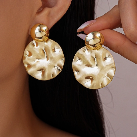 Hammered Round Drop Earrings Metal Geometric Mixed Gold Silver Color With Silver Earring Post For Women Fashion Retro