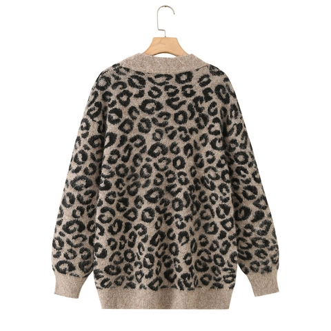 Strickjacke Mit Leopardenmuster V-Ausschnitt Knopfleiste Langarm Warmer Alpaka-Mix Lockere Passform Damen Mode