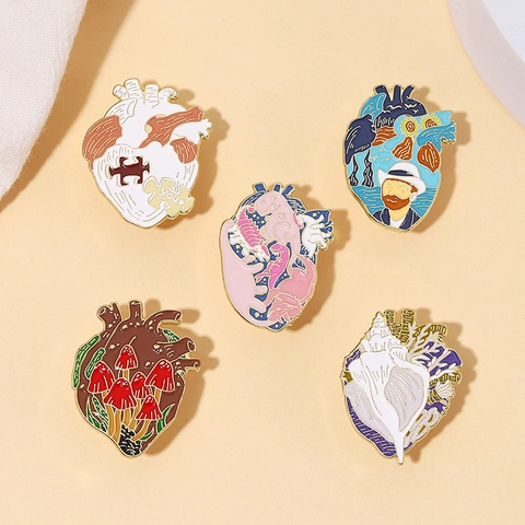 Broche Corazón Anatómico Esmalte Aleación De Zinc Arte Van Gogh Seta Dinosaurio Concha Creativa Para Ropa Bolsa