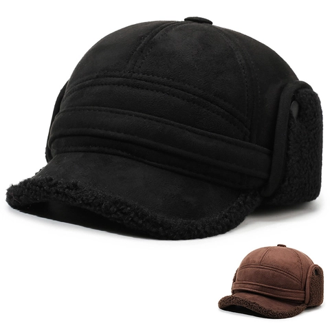 Men Winter Trapper Hat Suede Faux Lamb Wool Lined Warm Ear Protection Aviator Baseball Cap Thickened Windproof Outdoor