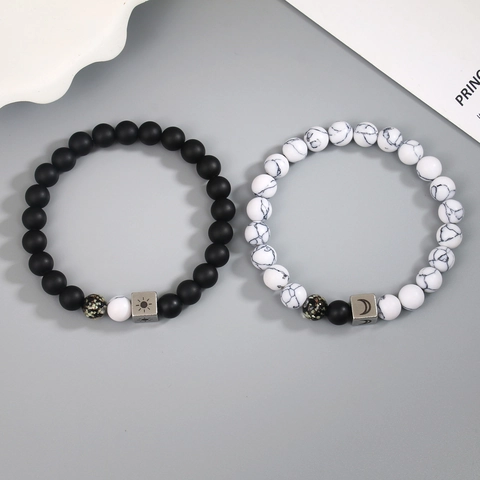 Sun Moon Natural Stone Beaded Bracelets Luminous Matte Glass Stainless Steel Charms Couple Friendship Jewelry Minimalist