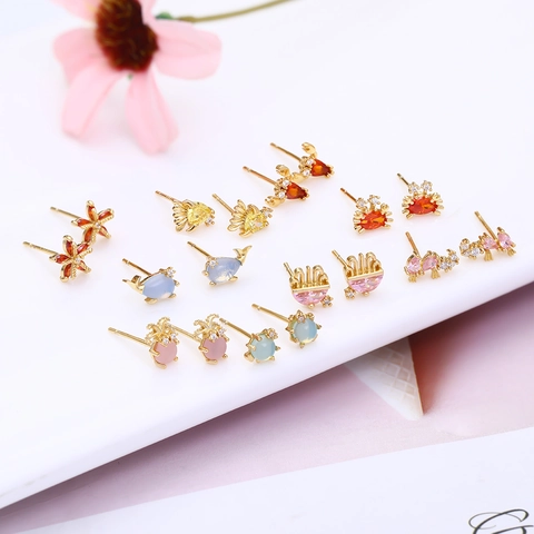 Cute Ocean Animal Stud Earrings Copper Inlaid Colorful Zircon Whale Crab Starfish With 925 Sterling Silver Earring Post