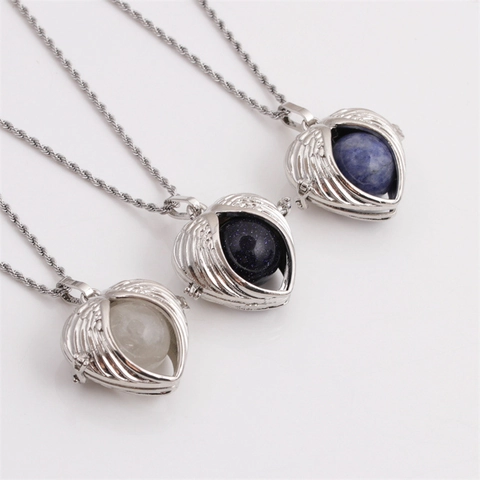 Collana Medaglione Cuore Ali D'Angelo Per Donna Pendente Gabbia Cuore In Lega Con Catena In Acciaio Inossidabile Sfera Pietra