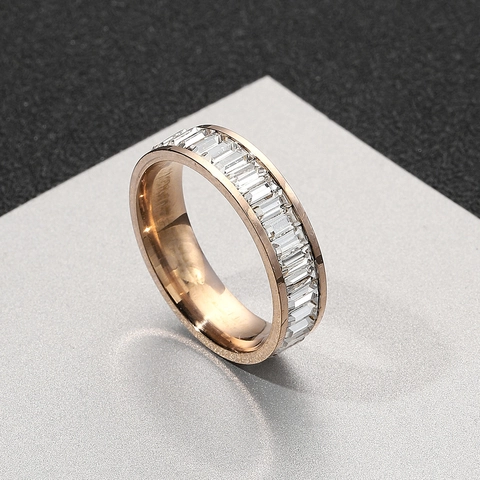 Baguette Cut Zircon Eternity Ring Stainless Steel Minimalist Rectangle Inlaid Jewelry For Men Women
