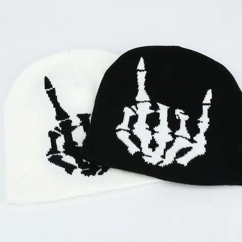 Skelett Hand Geste Strickmütze Acryl Winter Warm Punk Rock Streetwear Graffiti Totenkopf Grafik Für Herren Damen