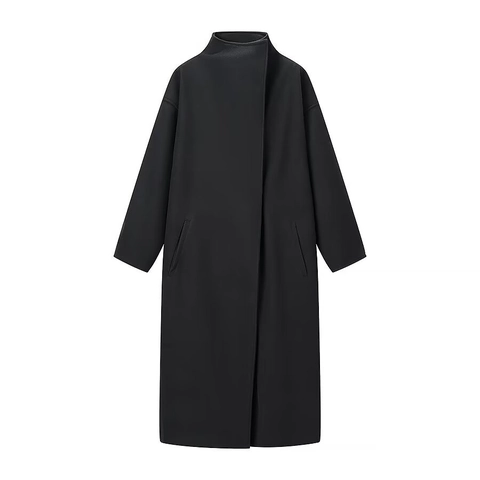 Women Trench Coat Funnel Neck Long Sleeve Polyester Woolen Like Minimalist Loose Long Outerwear Jacket With Pockets