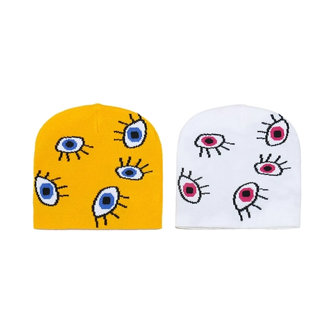 Acrylic Knitted Beanie Hat With Jacquard Eye Pattern Streetwear Winter Warm Skull Cap Unisex
