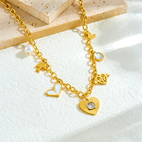 Collana Con Ciondolo A Cuore In Acciaio Inossidabile Con Farfalla Perla Artificial Luna Stella Strass Gioielli Placcati Oro Donna