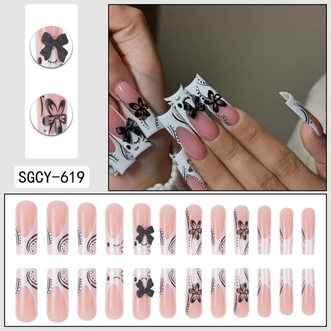 Long Coffin Press On Nails 3D Schwarze Schleife French Style Floral Handbemalte Künstliche Nägel Für Damen
