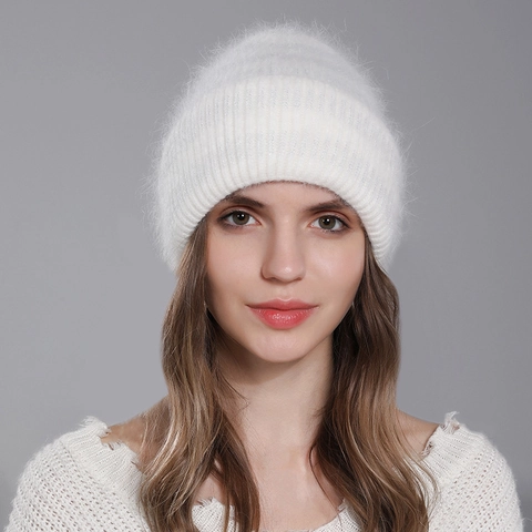 Women Winter Beanie Hat Rabbit Fur Angora Cashmere Blend Warm Ribbed Knit Thick Cuffed Cap Glitter Silver Thread Fashion
