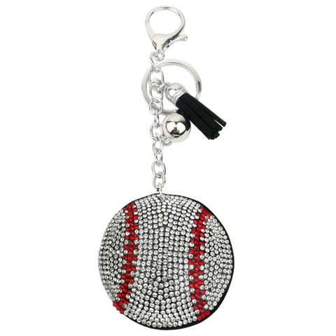 Sports Theme Rhinestone Keychain Zinc Alloy Crystal Studded Ball Shape Bag Pendant Charm With Tassel And Bell