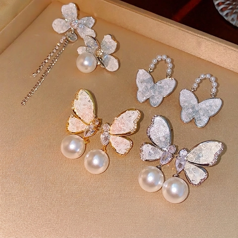 Asymmetric Butterfly Flower Artificial Pearl Earrings With 925 Sterling Silver Earring Post Alloy Rhinestone Tassel Jewelry For Women