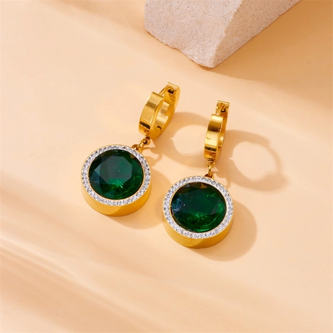 Moda Collar Pendientes Pulsera Piedras Verdes Redondas Acero Inoxidable Chapado En Oro Diamantes Imitación Joyas Mujer Retro