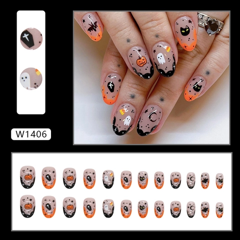 Unghie Finte Halloween Ovali In Plastica Disegni Zucca Fantasma Lucidi Manicure Per Donne Ragazze Festa