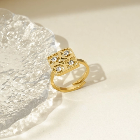 French Luxury Square Hollow Open Ring Adjustable Stainless Steel Gold Plated Geometric Fashion Finger Ring For Women