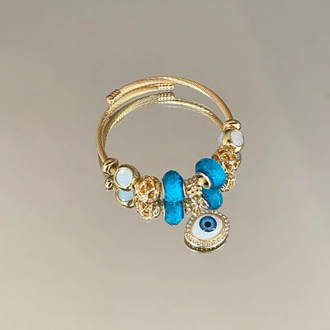 Evil Eye Charm Bracelet Stainless Steel Gold Plated Woven Wire Cuff Zircon Blue Beads Adjustable Fashion Jewelry Women