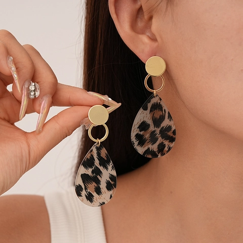 Pendientes Vintage Estampado Leopardo Gota Rectángulo Aleación Resina Con Poste De Plata De Ley 925 Retro