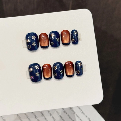 Uñas Postizas Azul Marino Bronce Ojo De Gato Color Contrastado Cuadrado Redondo Brillo Patrón Flores Punta Francesa