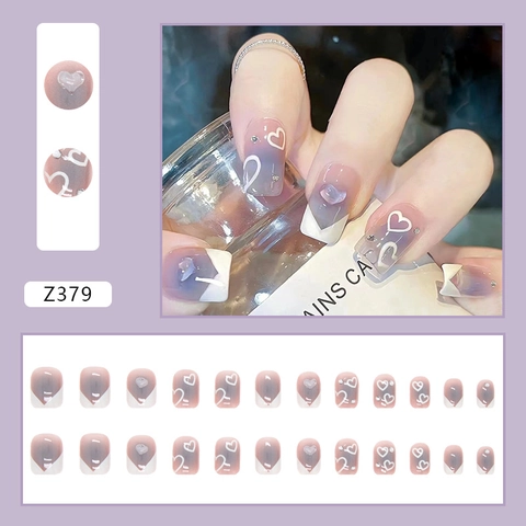 French Blue Gradient Press On Nails White Heart Pattern 3D Heart Rhinestone Square Fake Nails For Women Manicure