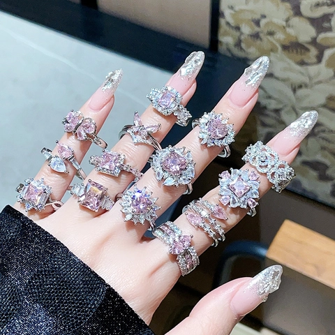 Verstelbare Open Ring Roze Zirkoon Koper Bloem Vlinder Hart Geometrische Mode Sieraden Voor Dames