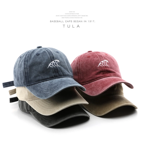 Vintage Washed Cotton Baseball Cap Wave Embroidery Distressed Retro Adjustable Outdoor Sun Protection Hat For Men Women