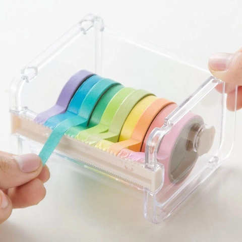 Transparent Washi Tape Cutter Dispenser Stackable Plastic Desktop Stationery Storage Box With Serrated Blades