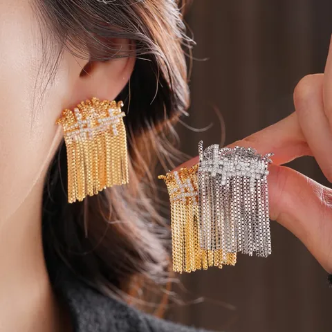 Geometrische Quasten Ohrhänger Kupfer Zirkonia 925 Sterling Silber Ohrstecker Frauen Luxus Mode Accessoire