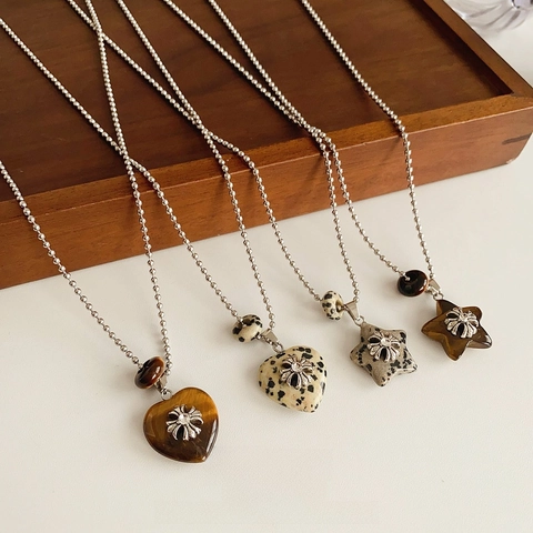 Retro Lange Perlenkette Mit Herz Stern Naturstein Anhänger Metallkreuz Straß Punk Schmuck Für Damen