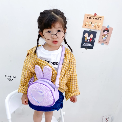 Sequin Kids Crossbody Bag PU Leather Sparkly Iridescent Rabbit Ear Heart Pattern Cute Fashion Princess Shoulder Bag Girls