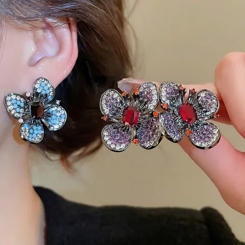 Orecchini A Lobo Farfalla Fiore Zircone Multicolore Gioielli Rame Stile Retrò Lusso Per Donne Con Silver Earring Post