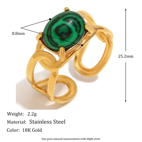 Vintage Malachiet Ring Open Verstelbaar Roestvrij Staal 18K Verguld Hol Ontwerp Sieraden Voor Dames Franse Stijl