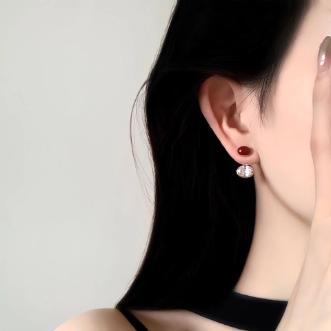 Orecchini Asimmetrici In Zircone Ovali Rossi Rame Placcato Oro 14K Con Perno In Argento Sterling 925 Gioielli Retrò Donna