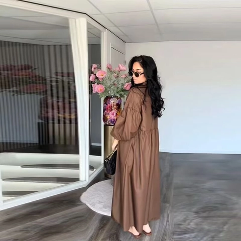Maxikleid Polyester Plissierte Vorderseite Einreihig Stehkragen Puffärmel Locker Lässig Urlaub Für Damen